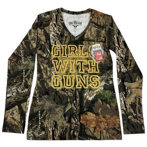NWT GWG Girls With Guns Mossy Oak Camouflage Rhinestone L/S T-Shirt V-Neck Sz L